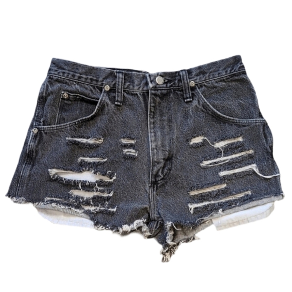 Vintage 90s Wrangler Black Distressed Jean Shorts High Waisted Destroyed Denim